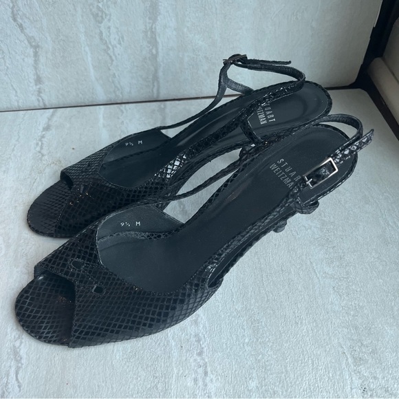 Stuart weitzman peep toe snake skin sandal Size 9.5 black leather - Picture 1 of 11
